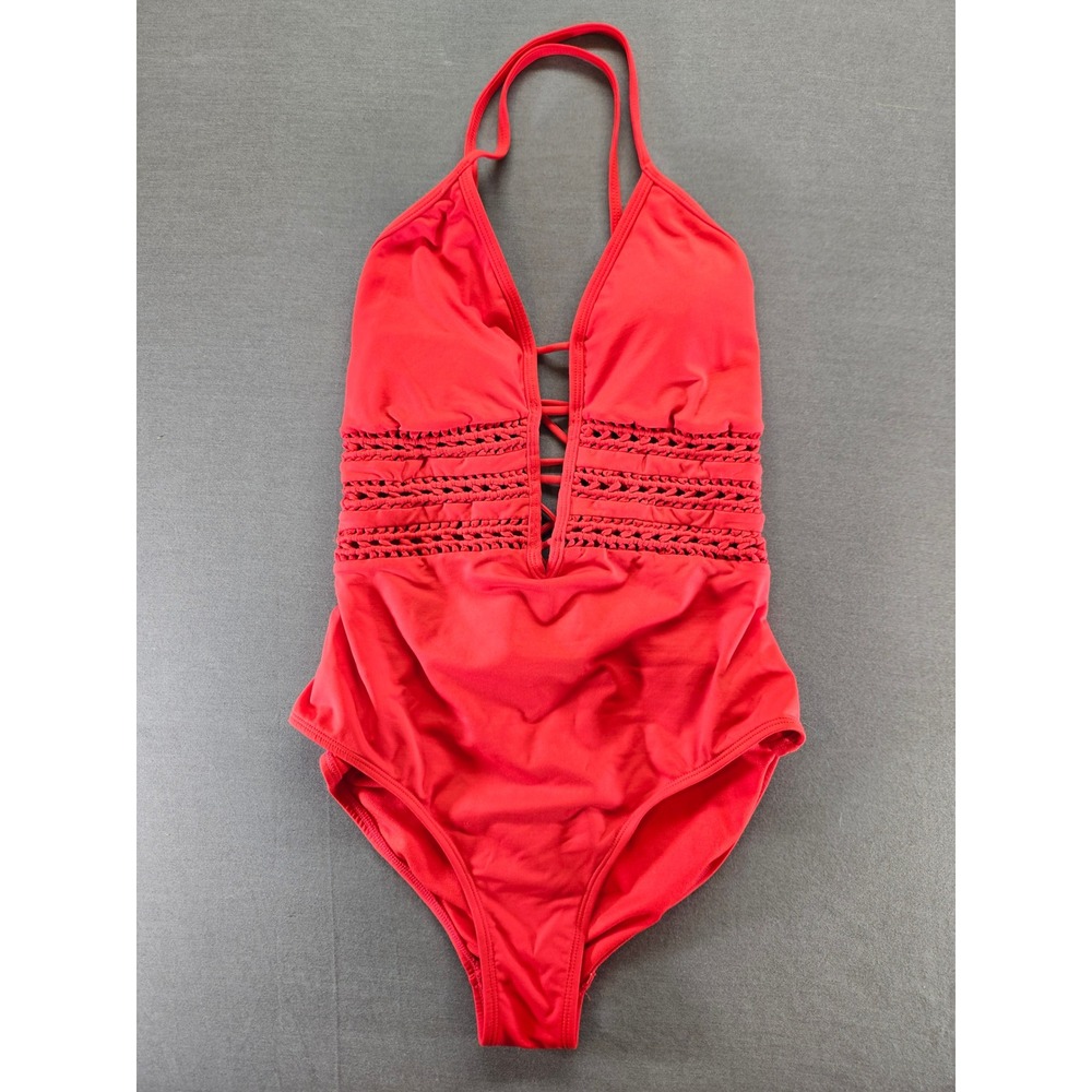 Ambrielle Womens Red Crochet Lattice Lace Up Back One Piece Swimsuit Large